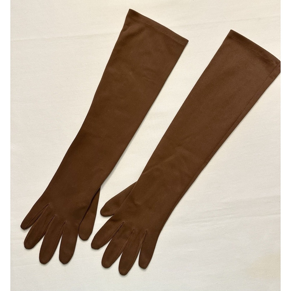 VTG Made in USA Stretch‎ Nylon DARK BROWN GLOVES Elbow Length OPERA THEATER M/L